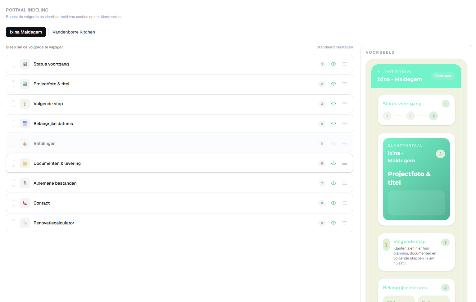 Customer portal layout builder with drag-and-drop sections and live preview